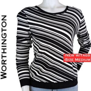 NEW Worthington Black White Stripe Long Sleeve Jersey Knit Sweater Size Medium